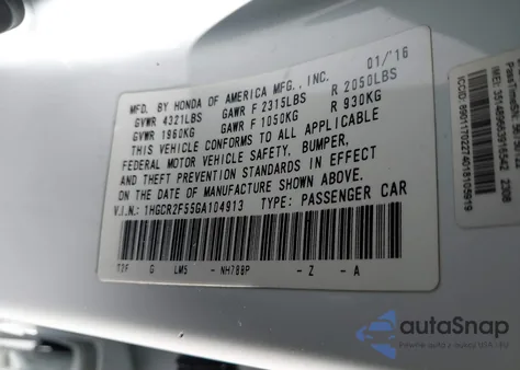 2016 Honda Accord Sport из США, поврежденный, VIN 1HGCR2F55GA104913